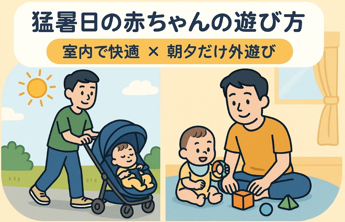 猛暑日の赤ちゃんの遊び方を表すイラスト。パパがベビーカーを押して涼しい時間に散歩する場面と、室内でプレイマットの上で赤ちゃんと遊ぶ場面を描いている。