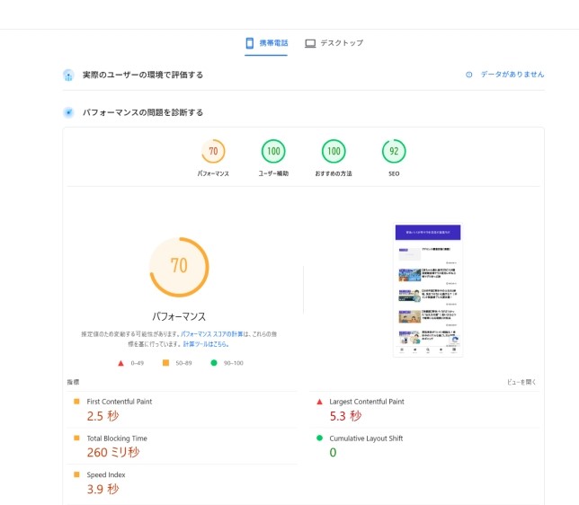 PageSpeed Insights モバイル計測結果（パフォーマンス70、SEO92）